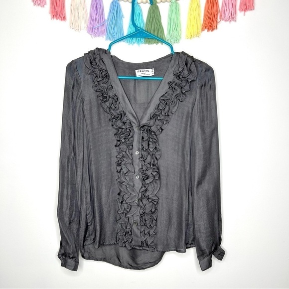FRAME Tuxedo Smoke Grey Gray Silk Chiffon Ruffle Button Down Blouse Extra Small - Picture 16 of 16